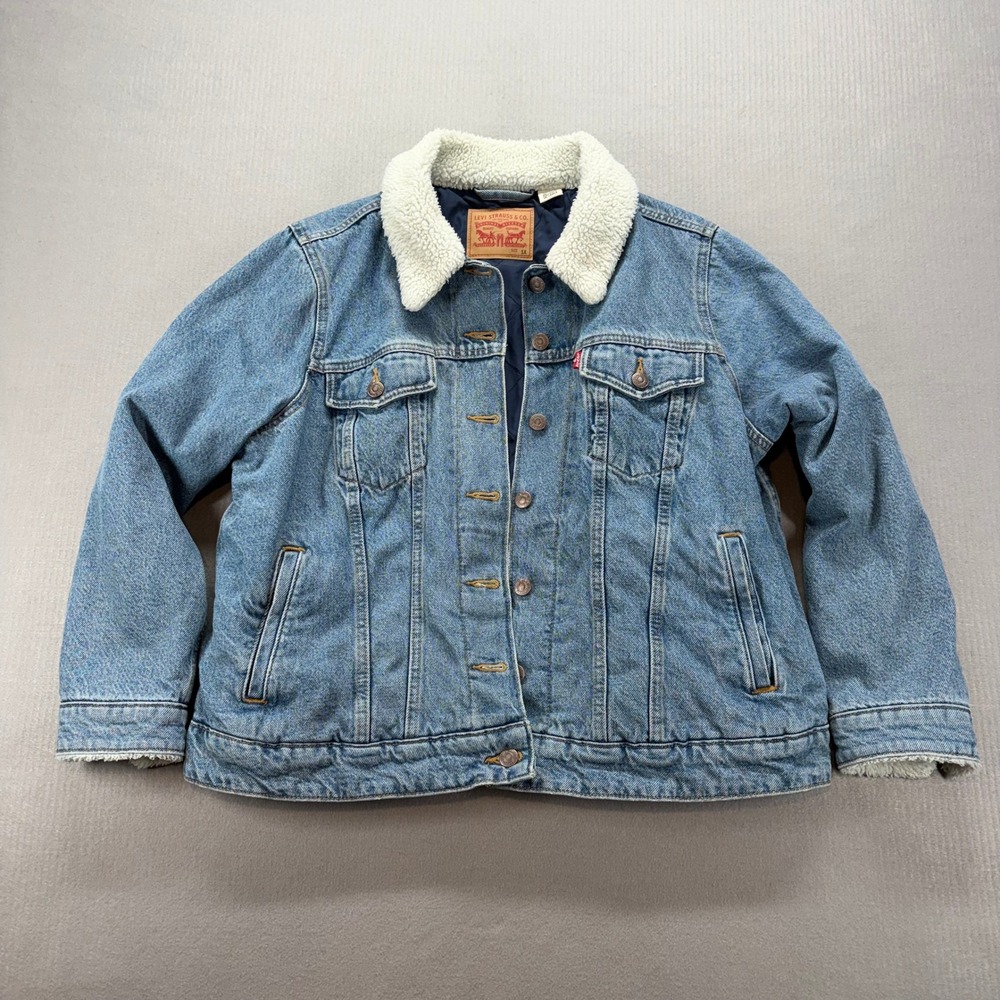 Levi's Sherpa Trucker Jacket Womens 1X Blue Denim Quilted Lined Outerwear